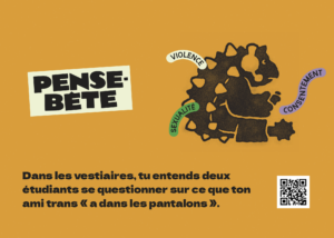 Carte de scénario : Dans les vestiaires, tu entends deux étudiants se questionner sur ce que ton ami trans « a dans les pantalons »